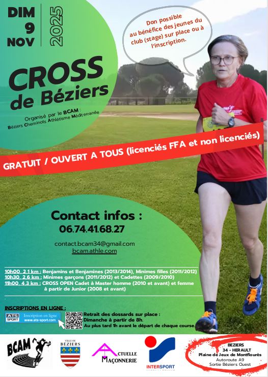 CROSS BEZIERS gratuit, ouvert à tous: joggers, traileurs...